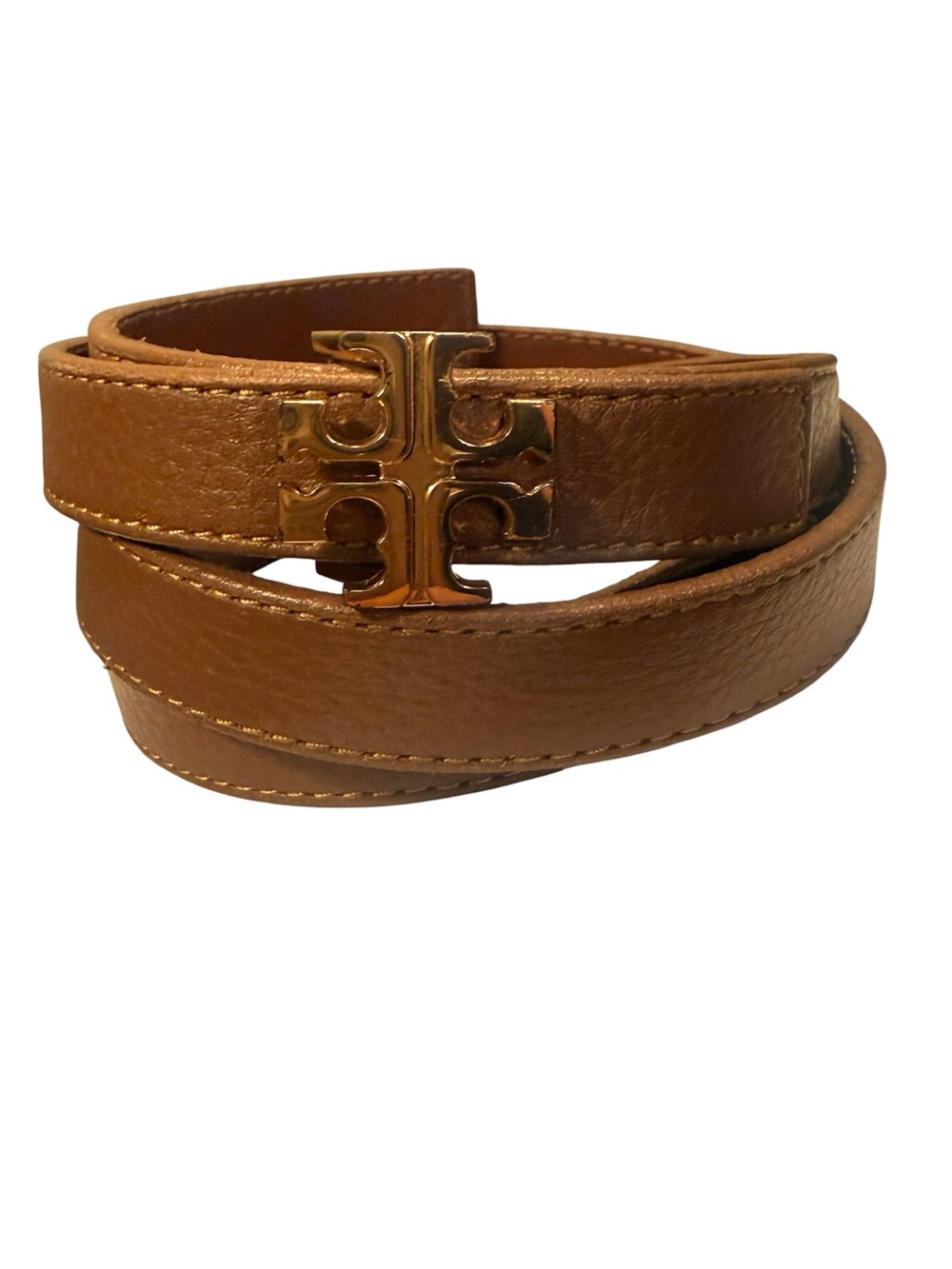 Tory Burch Tan Leather Skinny .5” Logo Belt with Gold Hardware Size Medium